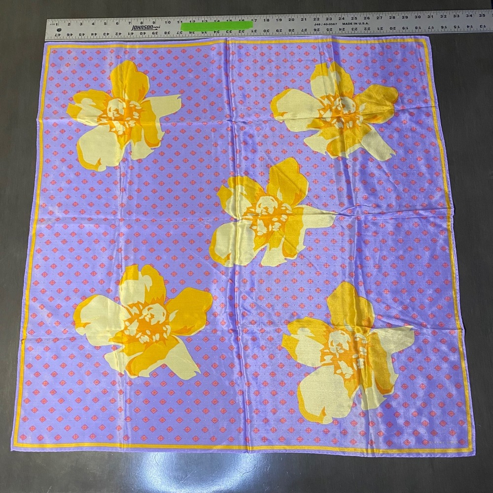 Elaine Gold Vintage Purple Yellow Floral Geometric Square Silk Scarf 30x30